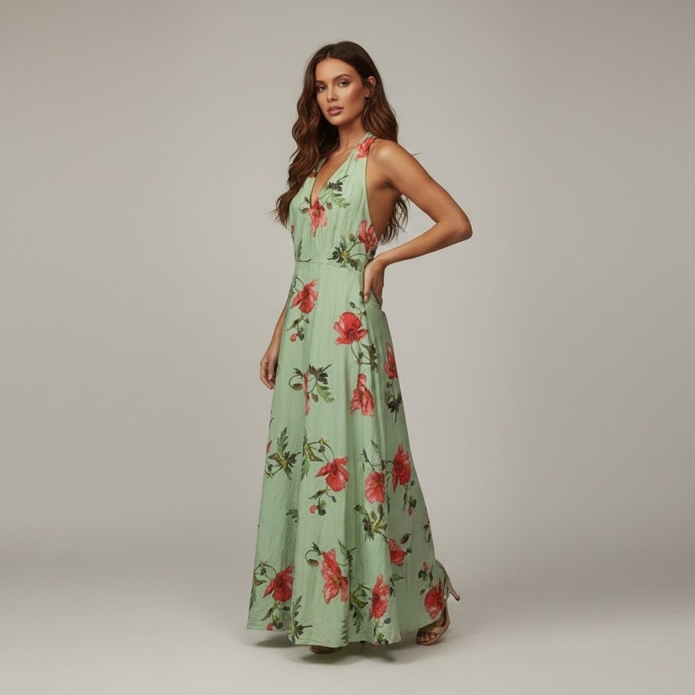 LK Bennett London Kristen Mint Green Red Poppy Floral Cotton Silk Maxi Dress 10